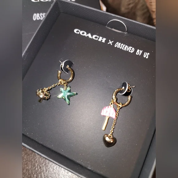Coach X Observed By Us Gold Hoop Mushroom Heart Stsr Charm Earrings New In Box